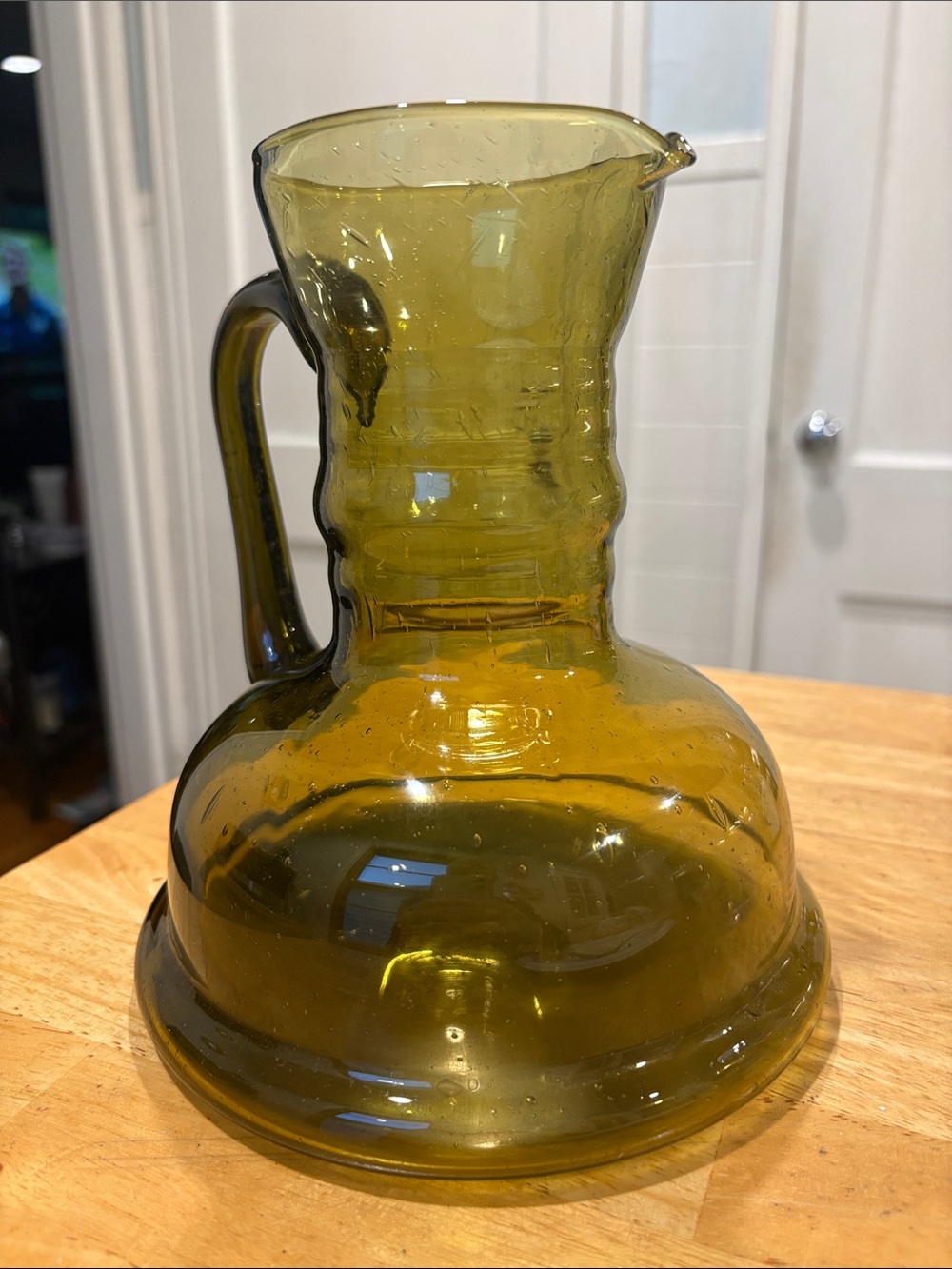 Vintage MCM Hand Blown Art Glass Pitcher-Olive Green, Rough Pontil, Blenko Style